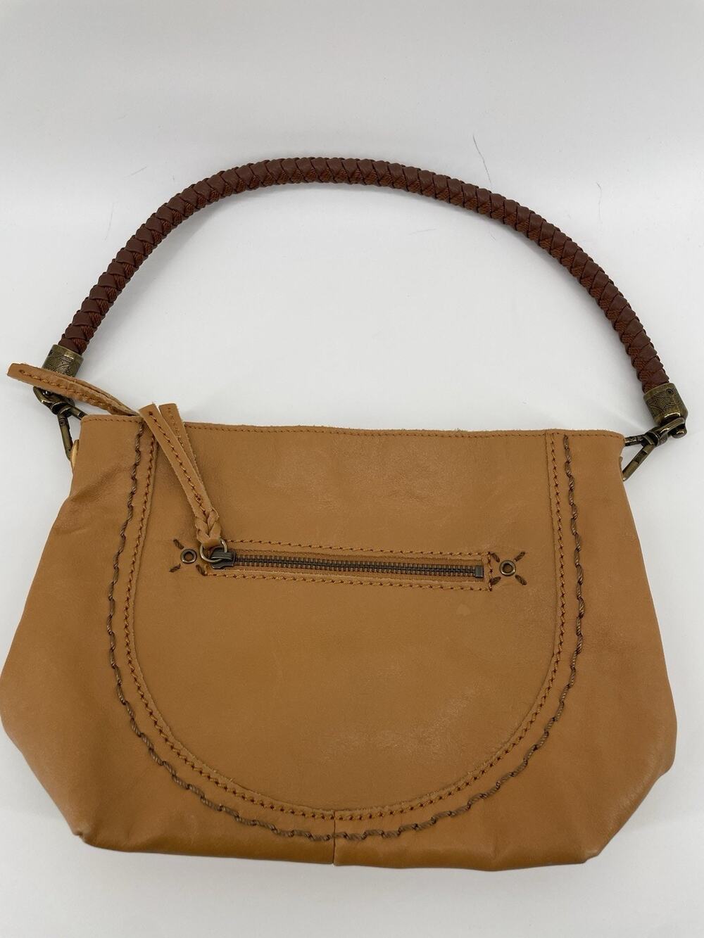 The Sak Camel Brown Leather Purse Braided Strap and Zipper Pulls Hobo Shoulder